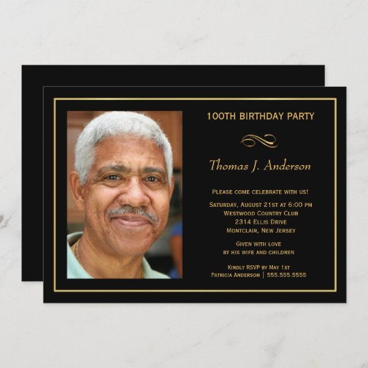 100th誕生会の人の黒および金ゴールドの写真 招待状 (正面/裏面)
