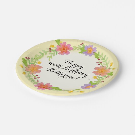 100th誕生会の水彩画のモダンの花柄 ペーパープレート (アングル)