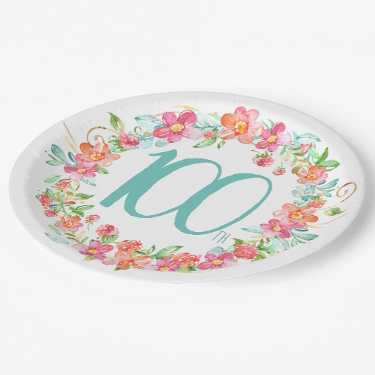 100th誕生日のかわいらしい水彩画の花のパーティー ペーパープレート (アングル)