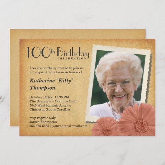 100th誕生日のヴィンテージのデイジーの写真の招待状 招待状 (正面/裏面)