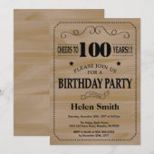 100th誕生日の招待状の素朴な木 招待状 (正面/裏面)