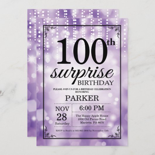 100th誕生日の招待状の紫色のグリッターを驚かして下さい 招待状 (正面/裏面)