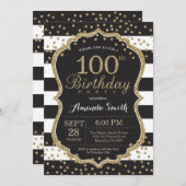 100th誕生日の招待状。 黒および金ゴールドのグリッター 招待状 (正面/裏面)