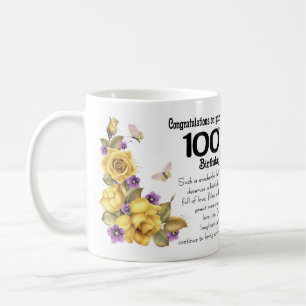100th誕生日の黄色バラおよび蝶ギフトのマグ、 コーヒーマグカップ