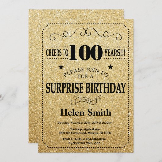 100th誕生日の黒および金ゴールドのグリッターを驚かして下さい 招待状 (正面/裏面)