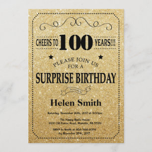 100th誕生日の黒および金ゴールドのグリッターを驚かして下さい 招待状