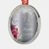 100th誕生日シルバーグリッタードリップ花模様 メタルオーナメント (左)