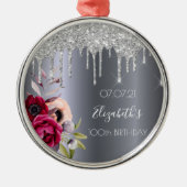 100th誕生日シルバーグリッタードリップ花模様 メタルオーナメント (正面)