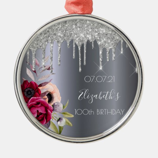100th誕生日シルバーグリッタードリップ花模様 メタルオーナメント (正面)