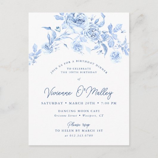 100th誕生日ディナーパーティーブルーフローラ インビテーションポストカード (正面)