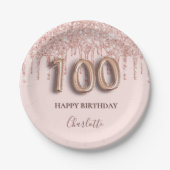 100th誕生日バラ金ゴールドグリッターピンクバルーンシック ペーパープレート (正面)