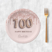 100th誕生日バラ金ゴールドグリッターピンクバルーンシック ペーパープレート