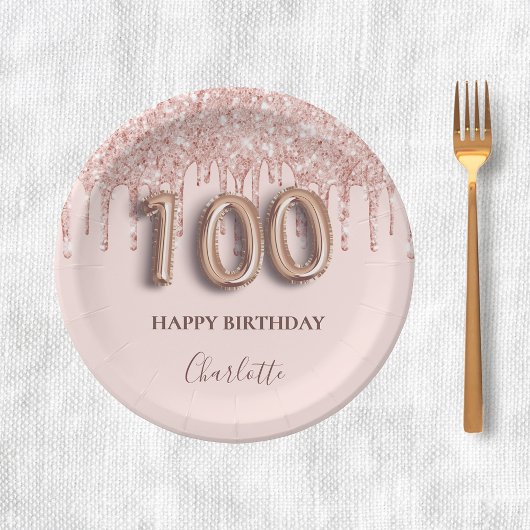 100th誕生日バラ金ゴールドグリッターピンクバルーンシック ペーパープレート