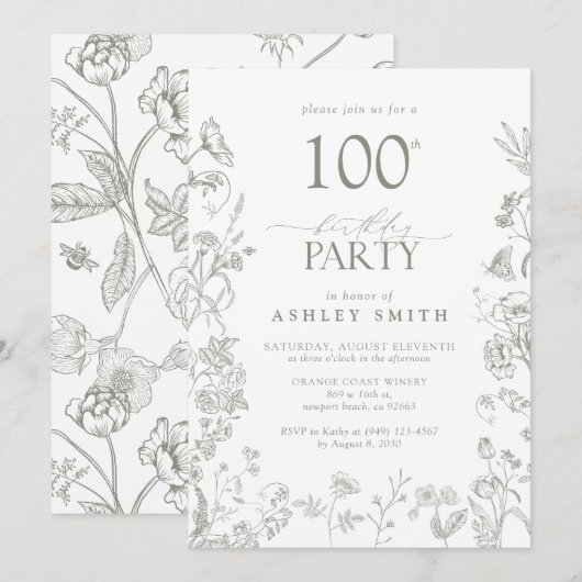 100th誕生日パーティセージグリーンビクトリアンフローラ 招待状 (正面/裏面)