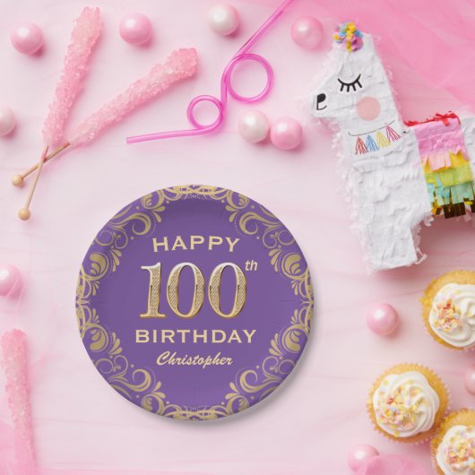 100th誕生日パーティパープルと金ゴールドグリッターフレーム ペーパープレート (パーティー)