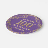 100th誕生日パーティパープルと金ゴールドグリッターフレーム ペーパープレート (アングル)