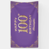 100th誕生日パーティパープルと金ゴールドグリッターフレーム 横断幕 (縦)