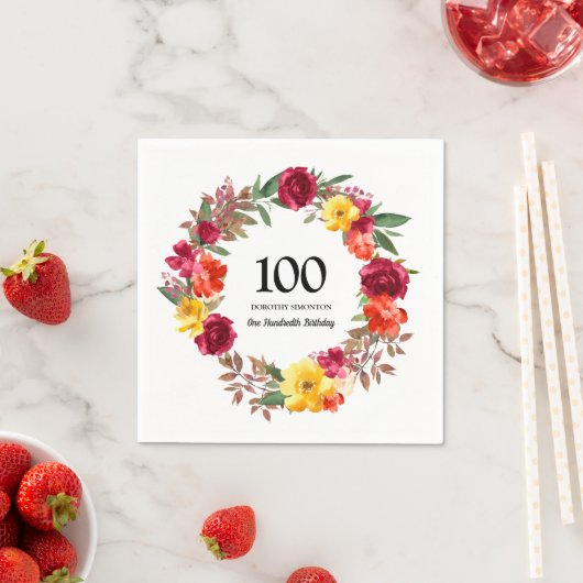 100th誕生日パーティレッドオレンジイエロー秋フローラ スタンダードカクテルナプキン (インサイチュ)