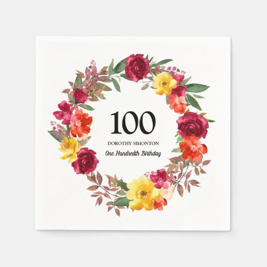 100th誕生日パーティレッドオレンジイエロー秋フローラ スタンダードカクテルナプキン (正面)