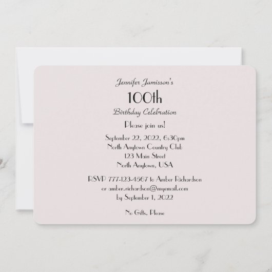 100th誕生日パーティーの招待ピンク淡い色のローズ 招待状 (裏面)