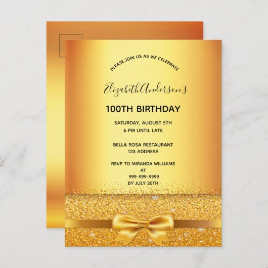 100th誕生日パーティーの金ゴールドメタリック招待 ポストカード (正面/裏面)
