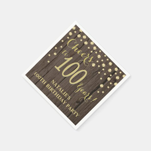 100th誕生日パーティーウッド素朴と金ゴールドダイヤモンド スタンダードカクテルナプキン (角)