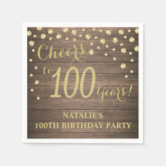 100th誕生日パーティーウッド素朴と金ゴールドダイヤモンド スタンダードカクテルナプキン (正面)