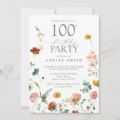 100th誕生日パーティーエレガントフローラ赤面ピンク 招待状 (正面)
