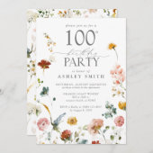 100th誕生日パーティーエレガントフローラ赤面ピンク 招待状 (正面/裏面)