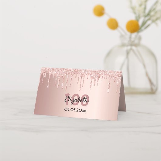 100th誕生日パーティーバラ金ゴールドグリッターピンクグラム プレイスカード (正面)