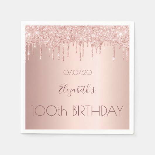100th誕生日パーティーバラ金ゴールドグリッター100年 スタンダードカクテルナプキン (正面)
