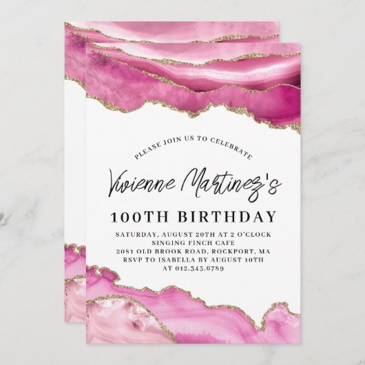 100th誕生日パーティーピンクアゲイト大理石 招待状 (正面/裏面)