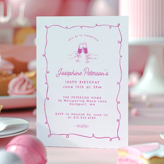 100th誕生日パーティーピンクドーお洒落ドル 招待状
