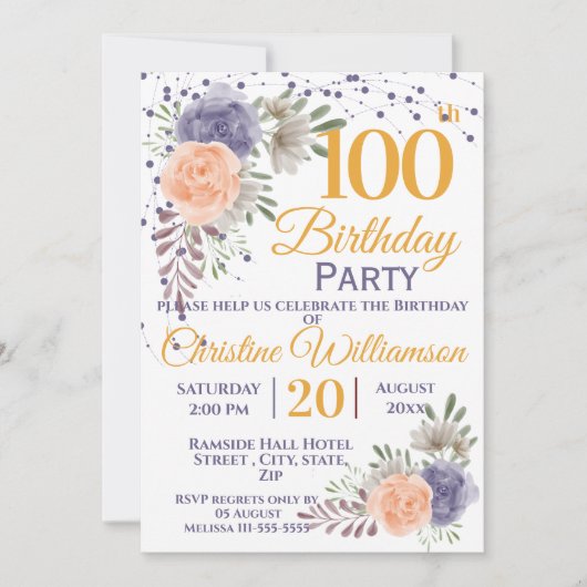100th誕生日パーティーフローラ牡丹パープル 招待状 (正面)
