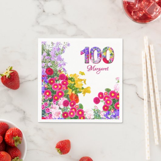 100th誕生日パーティーフローラ花モダン100 スタンダードカクテルナプキン (インサイチュ)
