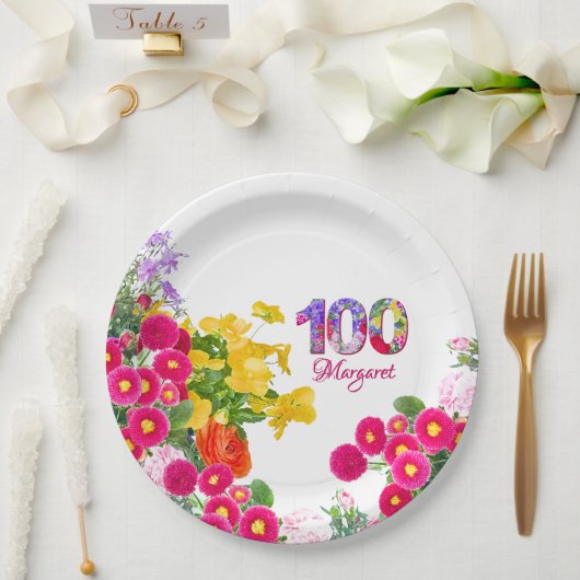 100th誕生日パーティーフローラ花モダン100 ペーパープレート (ウェディング)