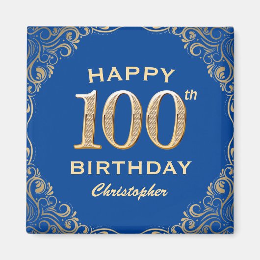 100th誕生日パーティーブルーと金ゴールドグリッターフレーム マグネット (正面)