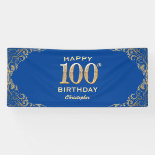 100th誕生日パーティーブルーと金ゴールドグリッターフレーム 横断幕