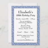 100th誕生日パーティーブルー/ホワイトナンバーパターン 招待状 (正面)