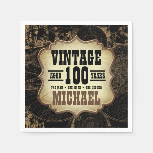 100th誕生日パーティーヴィンテージテーマ名前をカスタムする スタンダードカクテルナプキン (正面)