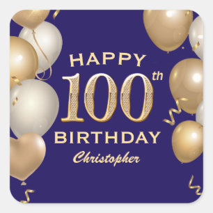 100th誕生日パーティー海軍ブルーと金ゴールドバルーン スクエアシール