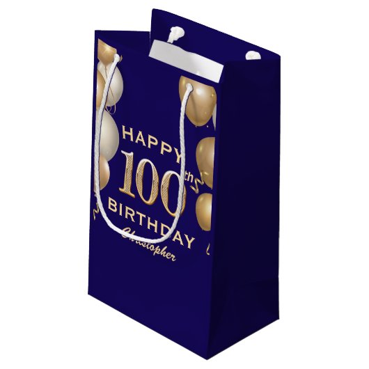 100th誕生日パーティー海軍ブルーと金ゴールドバルーン スモールペーパーバッグ (裏面アングル)