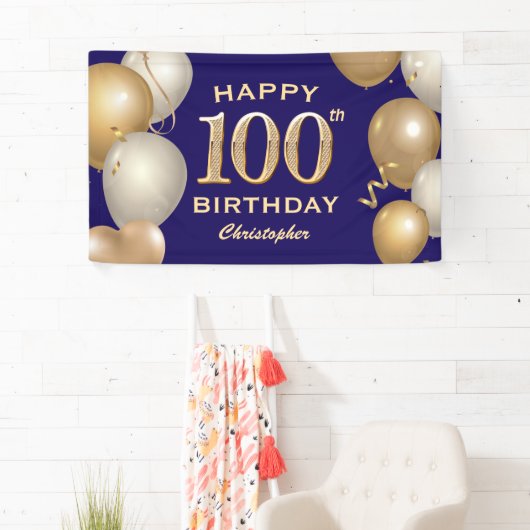 100th誕生日パーティー海軍ブルーと金ゴールドバルーン 横断幕 (インサイチュ)