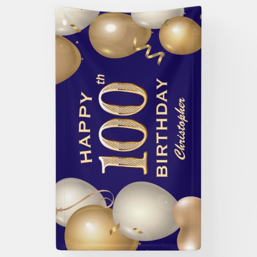 100th誕生日パーティー海軍ブルーと金ゴールドバルーン 横断幕 (縦)