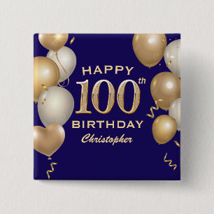 100th誕生日パーティー海軍ブルーと金ゴールドバルーン 缶バッジ