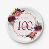 100th誕生日パーティー白いgeoフローラブルゴーニュ ペーパープレート (正面)