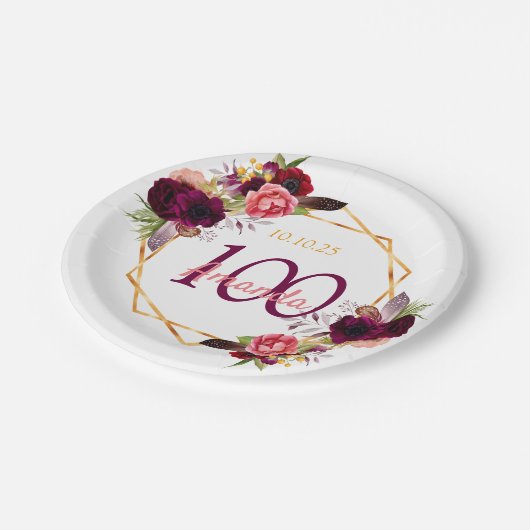 100th誕生日パーティー白いgeoフローラブルゴーニュ ペーパープレート (アングル)