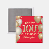 100th誕生日パーティー赤と金ゴールドバルーン マグネット (正面/裏面)