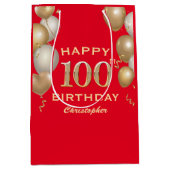 100th誕生日パーティー赤と金ゴールドバルーン ミディアムペーパーバッグ (正面)