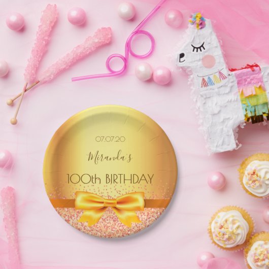 100th誕生日パーティー金ゴールドエレガントボウ名 ペーパープレート (パーティー)